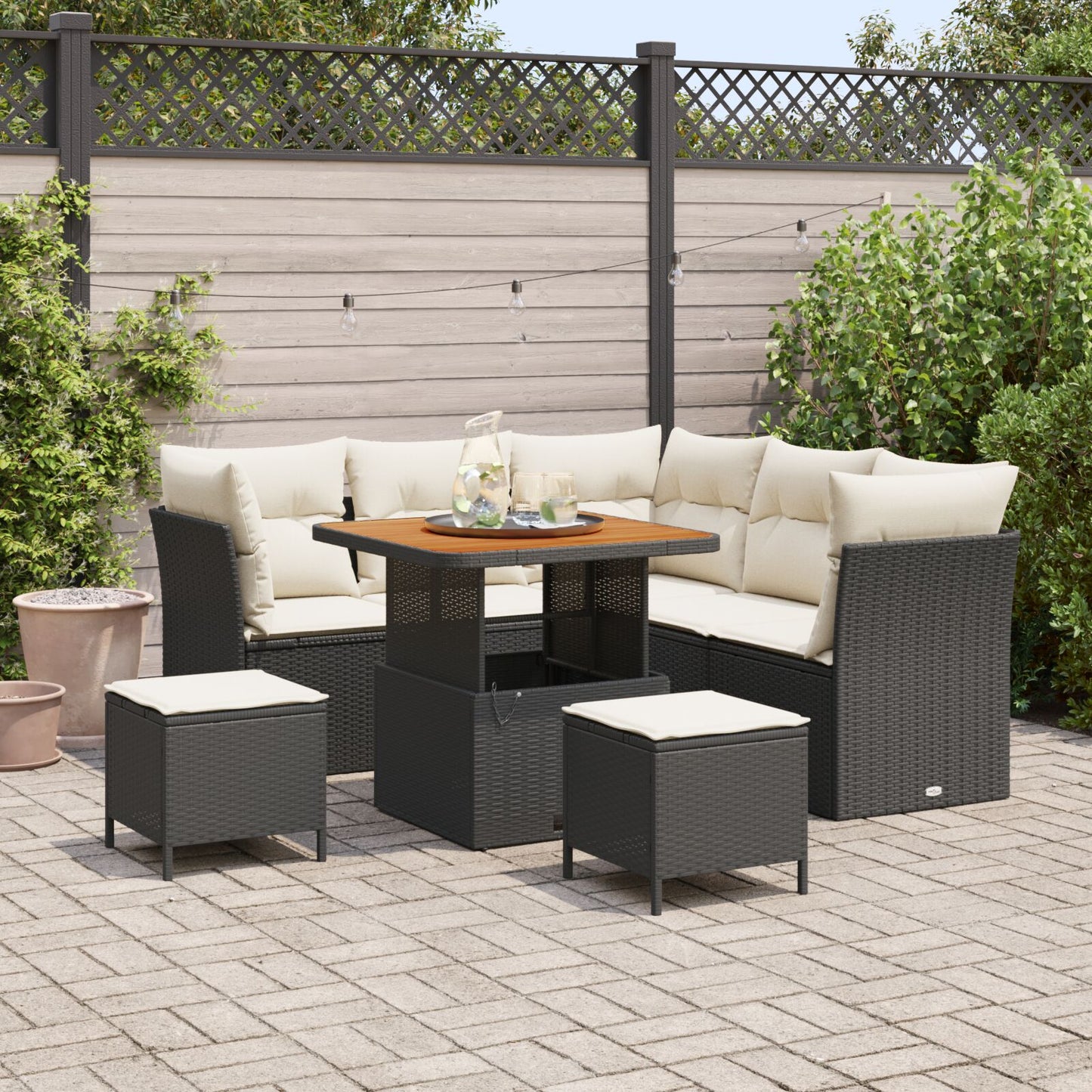 8 Stuks Tuin Sofa Set Met Kussens Zwart Poly Rattan Acacia, 3 Stuks Tuin Eettafel Set Met Kussens Zwart Poly Rattan Acacia Wit