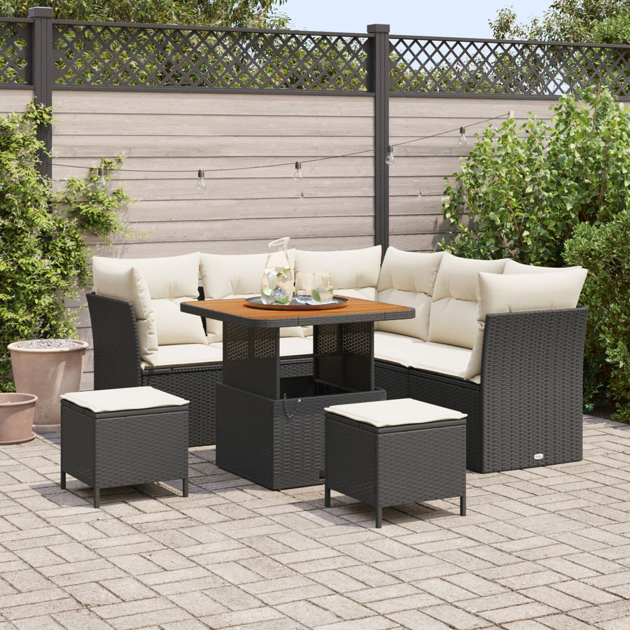 8 Stuks Tuin Sofa Set Met Kussens Zwart Poly Rattan Acacia, 3 Stuks Tuin Eettafel Set Met Kussens Zwart Poly Rattan Acacia Wit