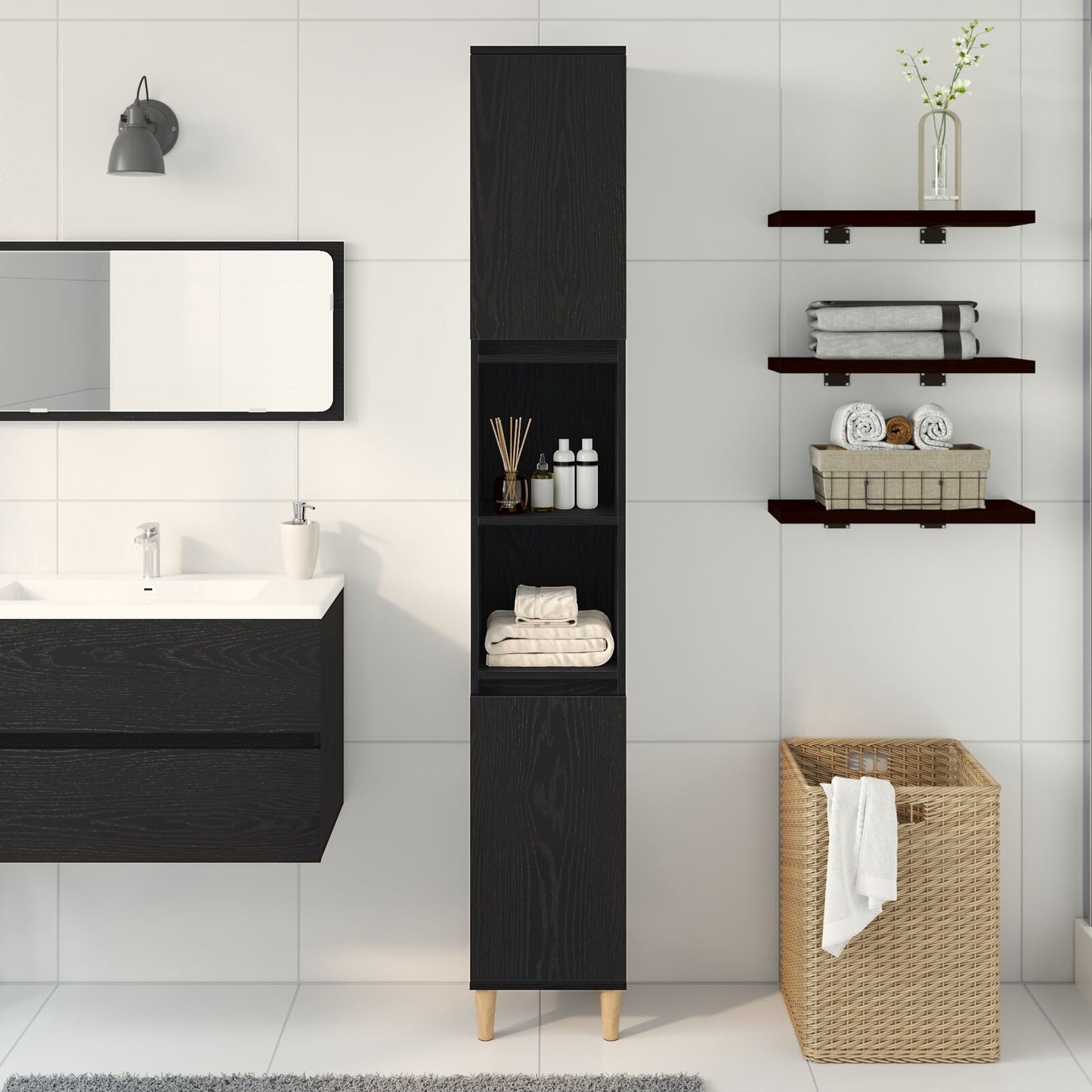 Badkamerkast Zwart Eiken 30X30X190 Cm Houtmateriaal