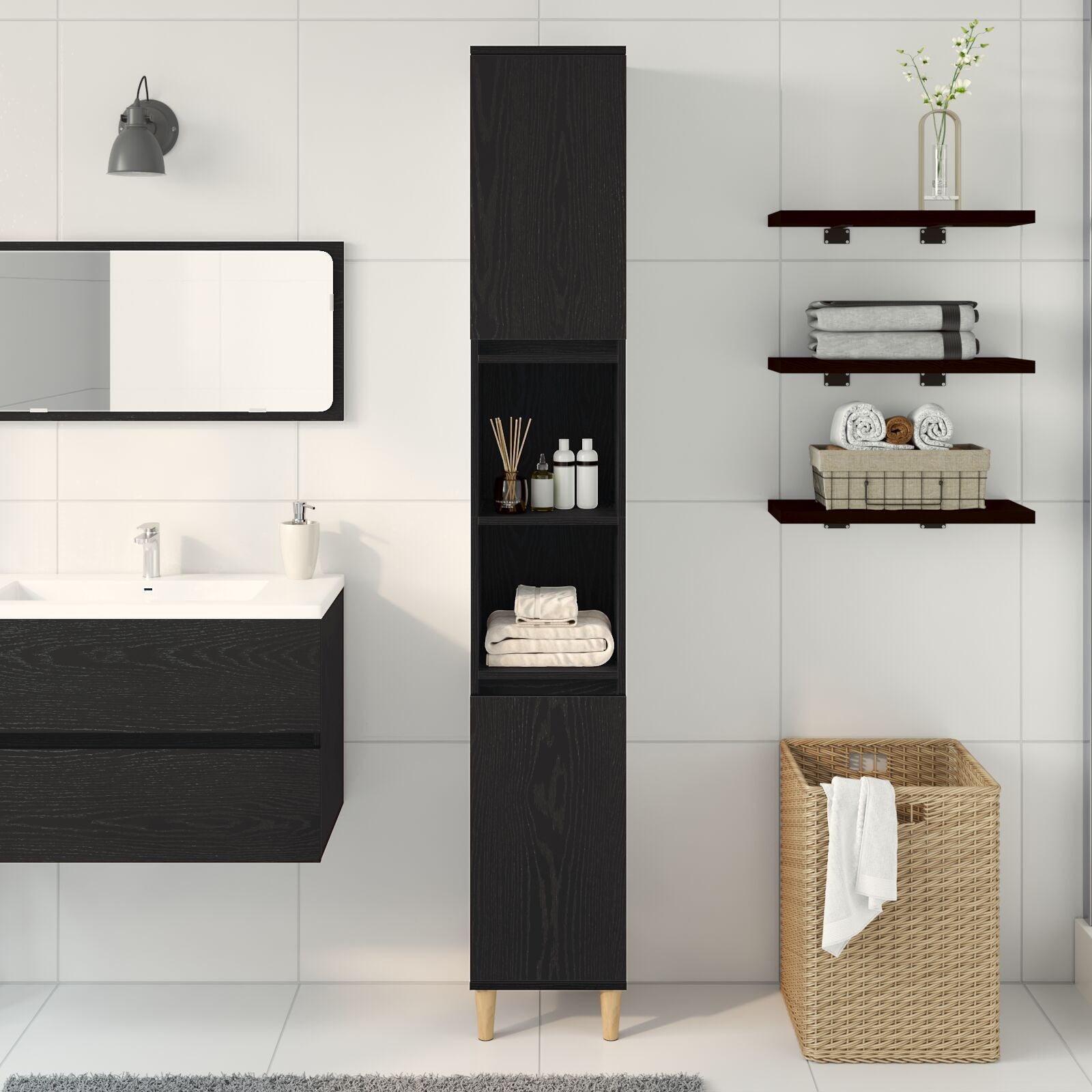 Badkamerkast Zwart Eiken 30X30X190 Cm Houtmateriaal