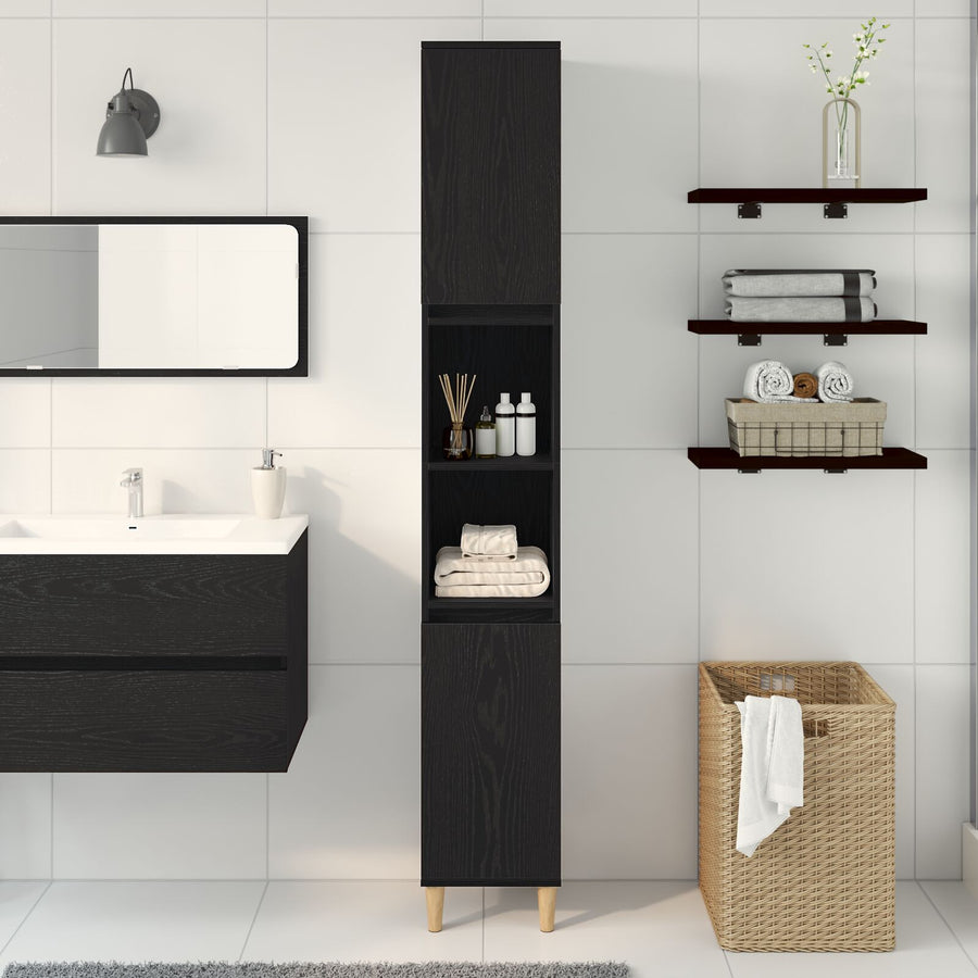 Badkamerkast Zwart Eiken 30X30X190 Cm Houtmateriaal