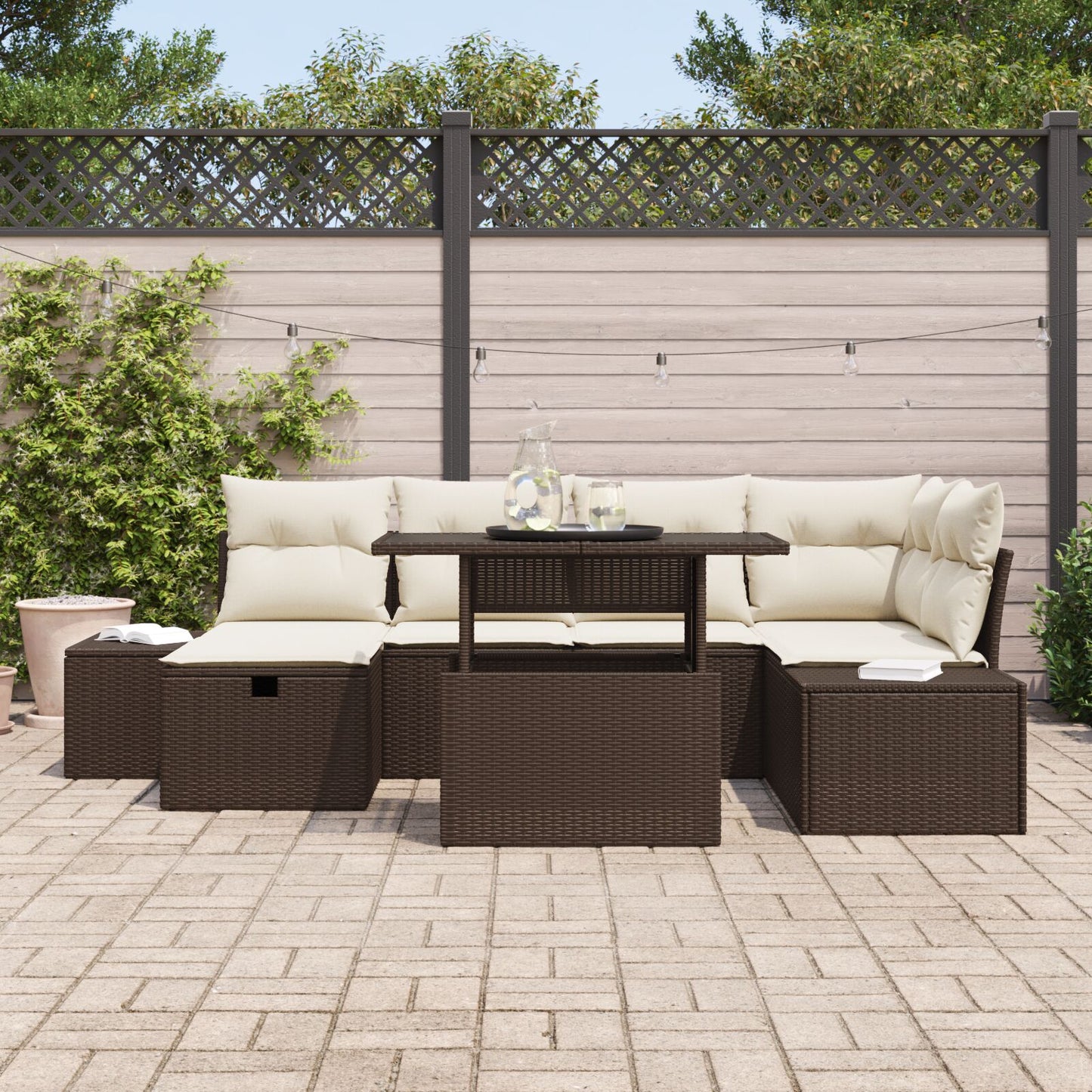 7-Delige Tuin Sofa Set Met Kussens Bruin Poly Rattan