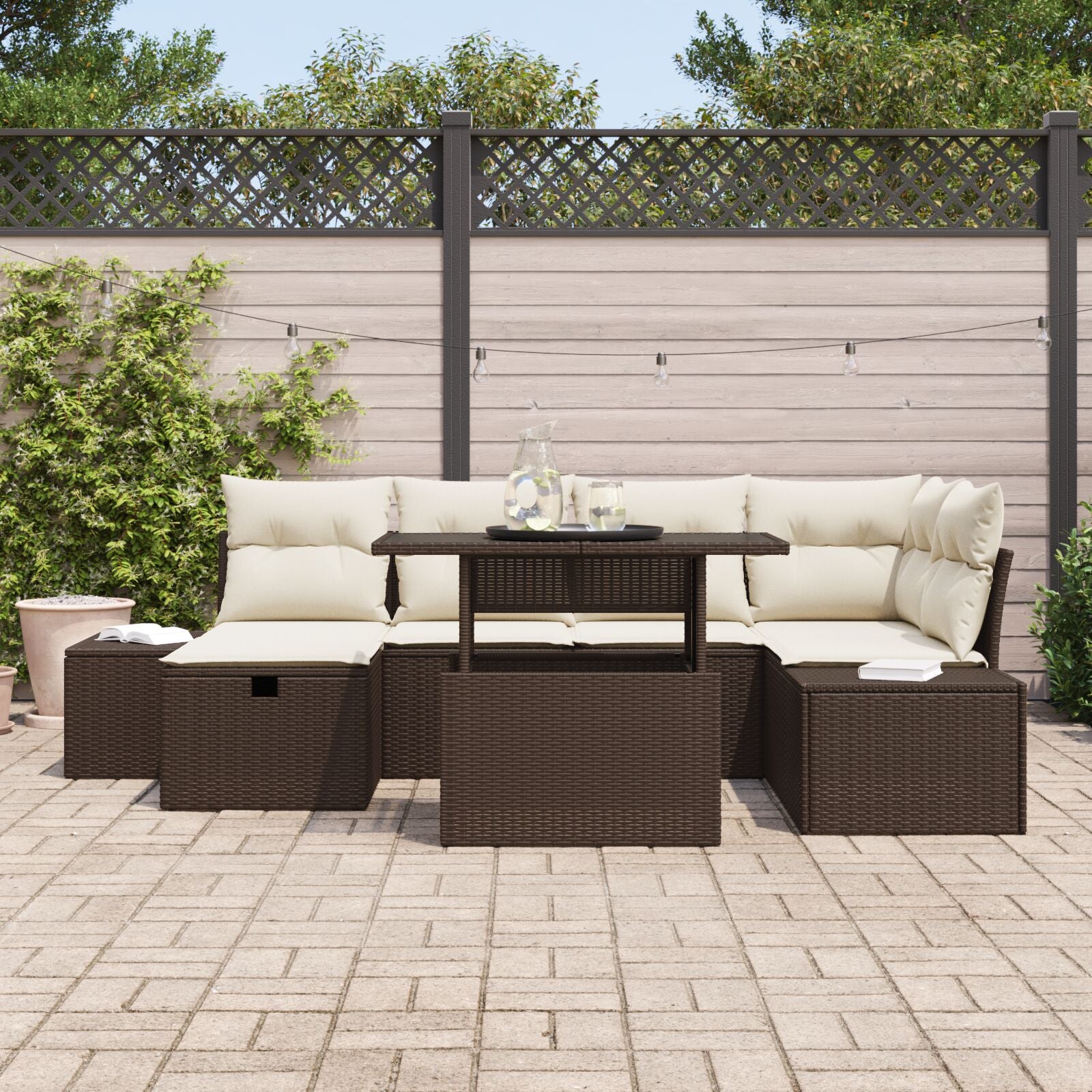 7-Delige Tuin Sofa Set Met Kussens Bruin Poly Rattan