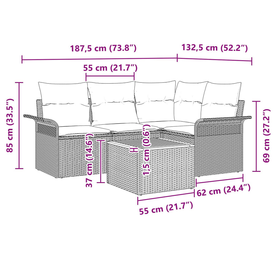 5 Delige Tuin Sofa Set Met Kussens Zwart Poly Rattan Acacia