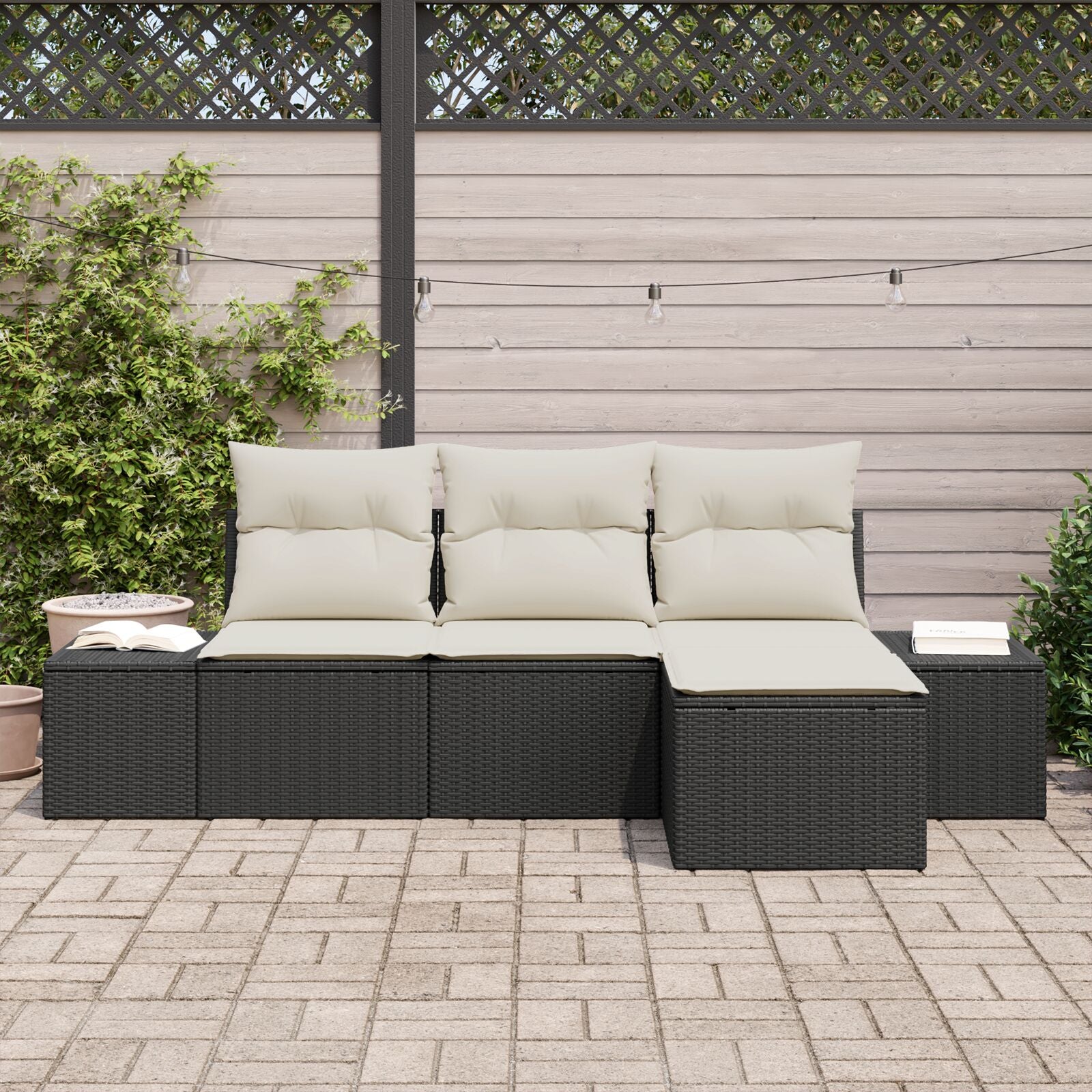 4-Delige Tuin Sofa Set Met Kussens Zwart Poly Rattan