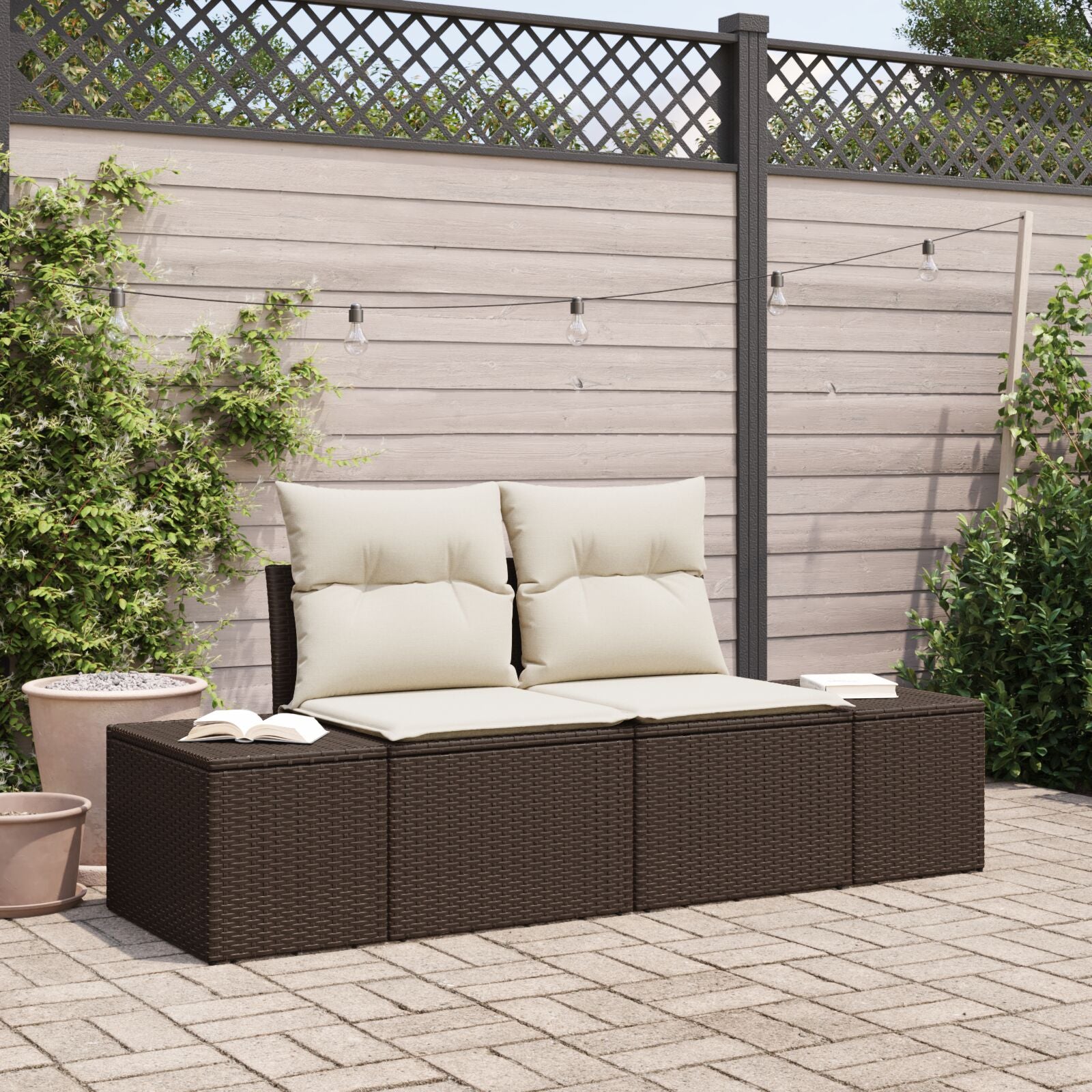 2-Persoons Tuinsofa & Kussens Poly Rattan Bruin en crème met opslag