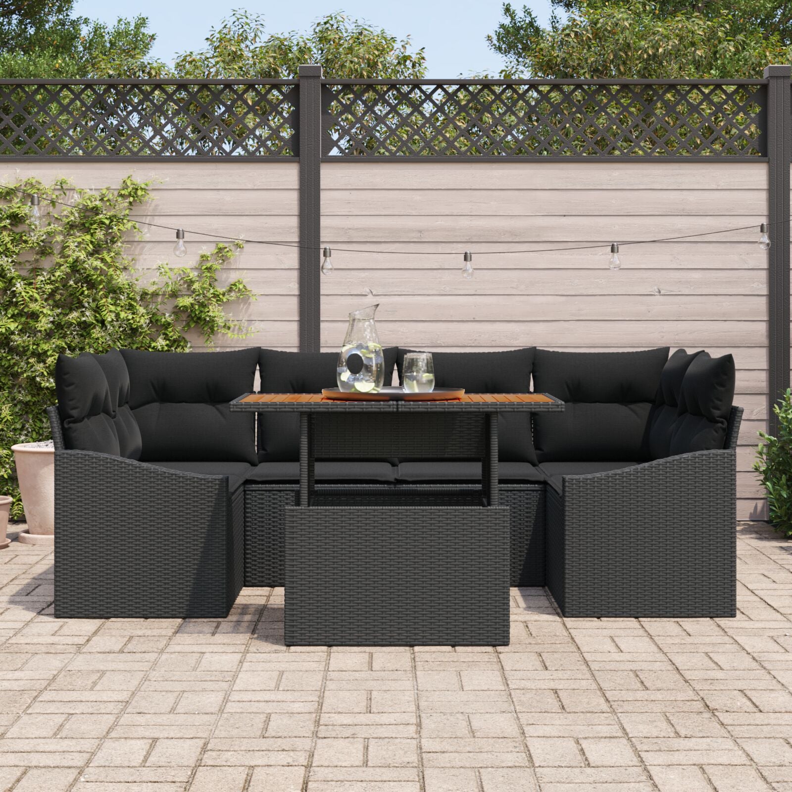 Tuin Sofa Set Set Van 7 Zwart Poeder-Gecoat Staal En Rattan