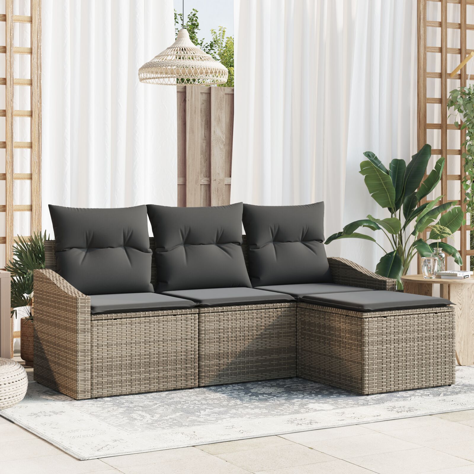 4-Delige Tuin Sofa Set Met Kussens Grijs Poly Rattan Gegalvaniseerd Staal