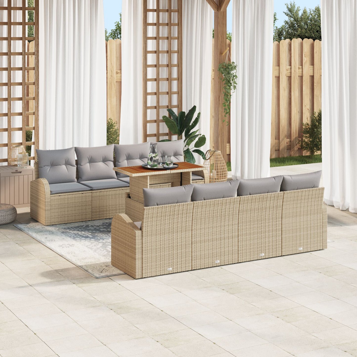 9-Delige Tuin Eetset Met Kussens Beige Poly Rattan Acacia