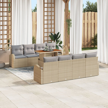 9-Delige Tuin Eetset Met Kussens Beige Poly Rattan Acacia