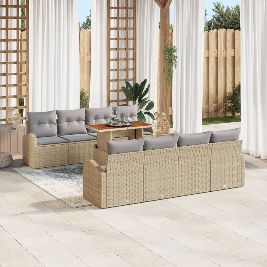 9-Delige Tuin Eetset Met Kussens Beige Poly Rattan Acacia