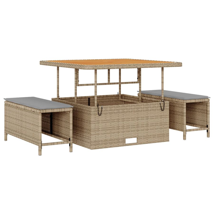 3-Delige Tuin Eettafelset Met Kussens Poly Rattan Acacia 100 cm Beige en grijs 2 krukken