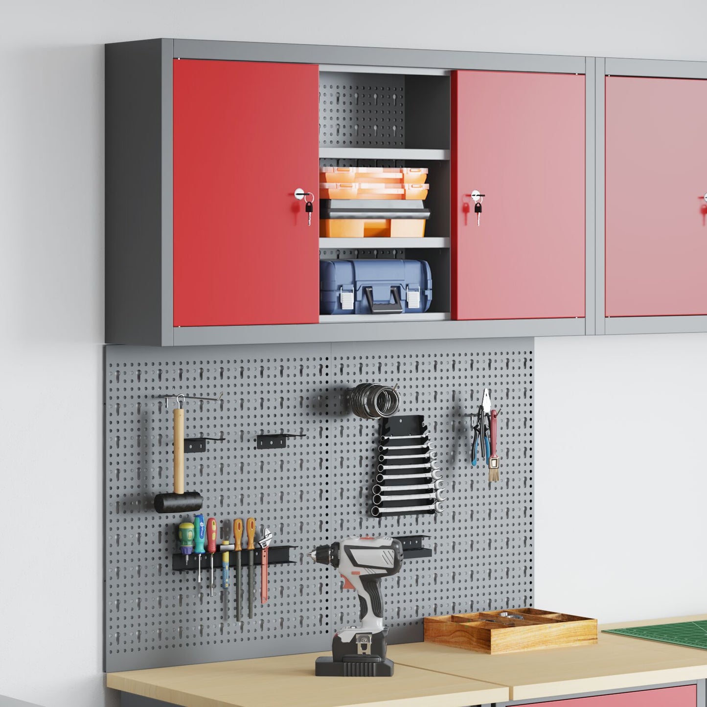 3-Delige Gereedschapskast En Pegboard Set Wandgemonteerd Rode Metaal
