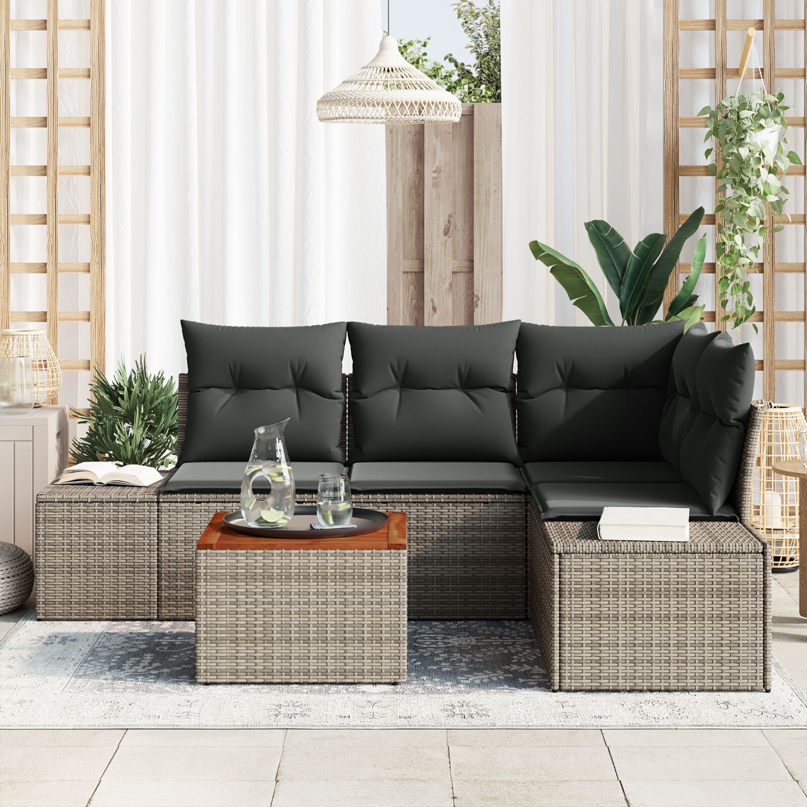 5-Delige Tuin Sofaset Met Kussens Grijs Poly Rattan Acacia