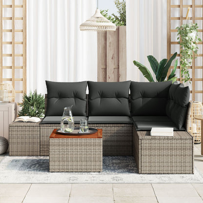 5-Delige Tuin Sofaset Met Kussens Grijs Poly Rattan Acacia