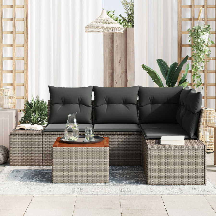 5-Delige Tuin Sofaset Met Kussens Grijs Poly Rattan Acacia