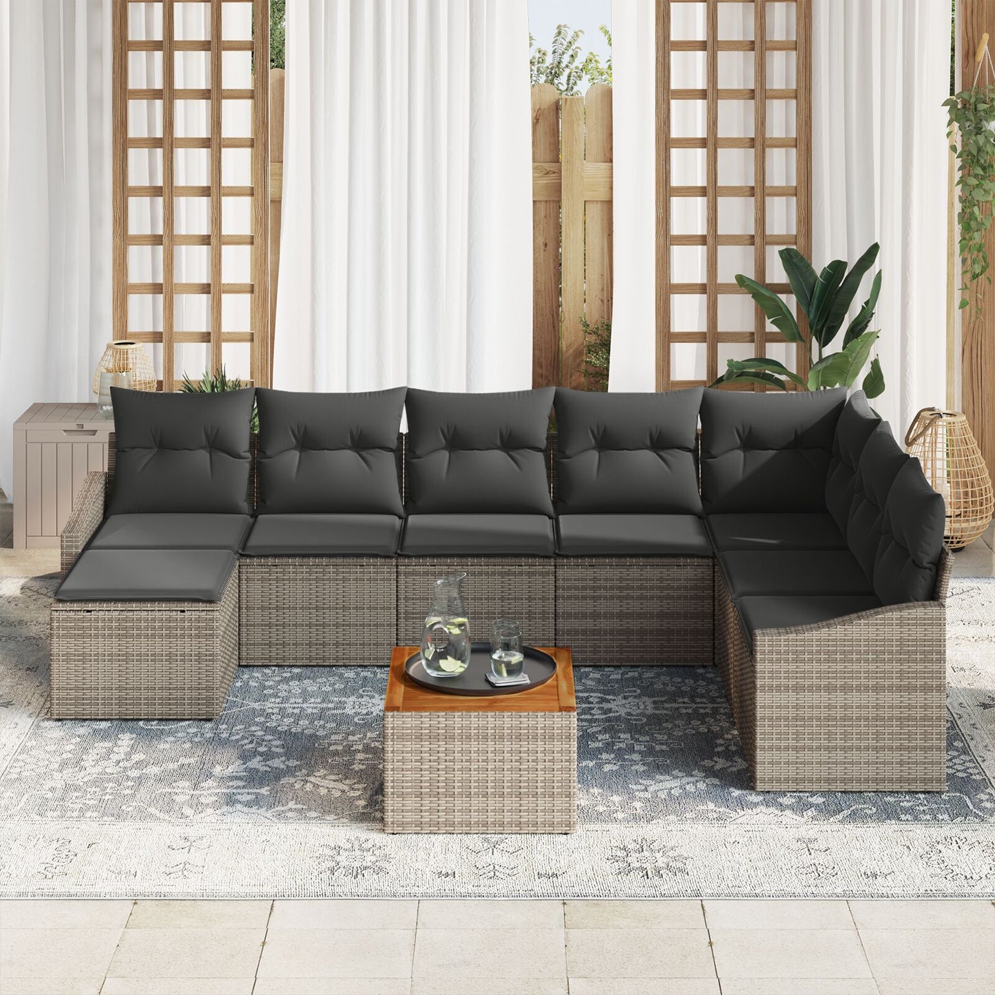 9-Delige Tuinbankset Met Kussens Grijs Poly Rattan Acacia