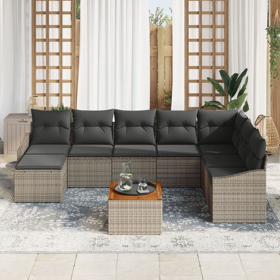9-Delige Tuinbankset Met Kussens Grijs Poly Rattan Acacia