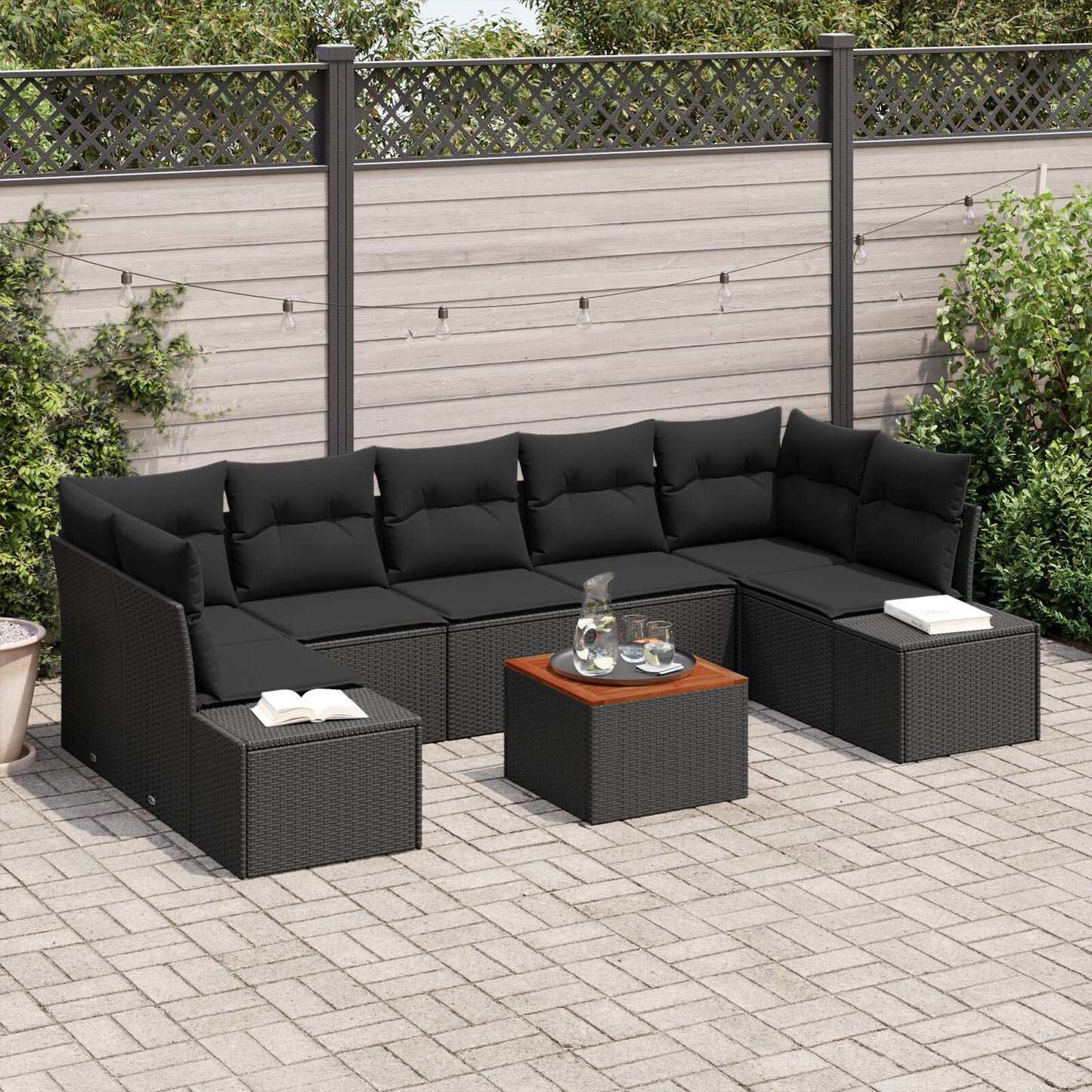 8-Delige Tuinbankset Met Kussens Zwart Poly Rattan Acacia