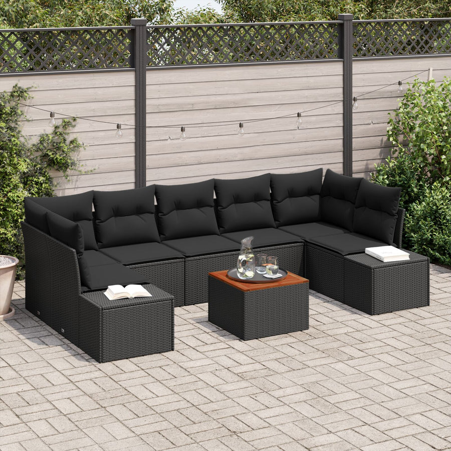 8-Delige Tuinbankset Met Kussens Zwart Poly Rattan Acacia