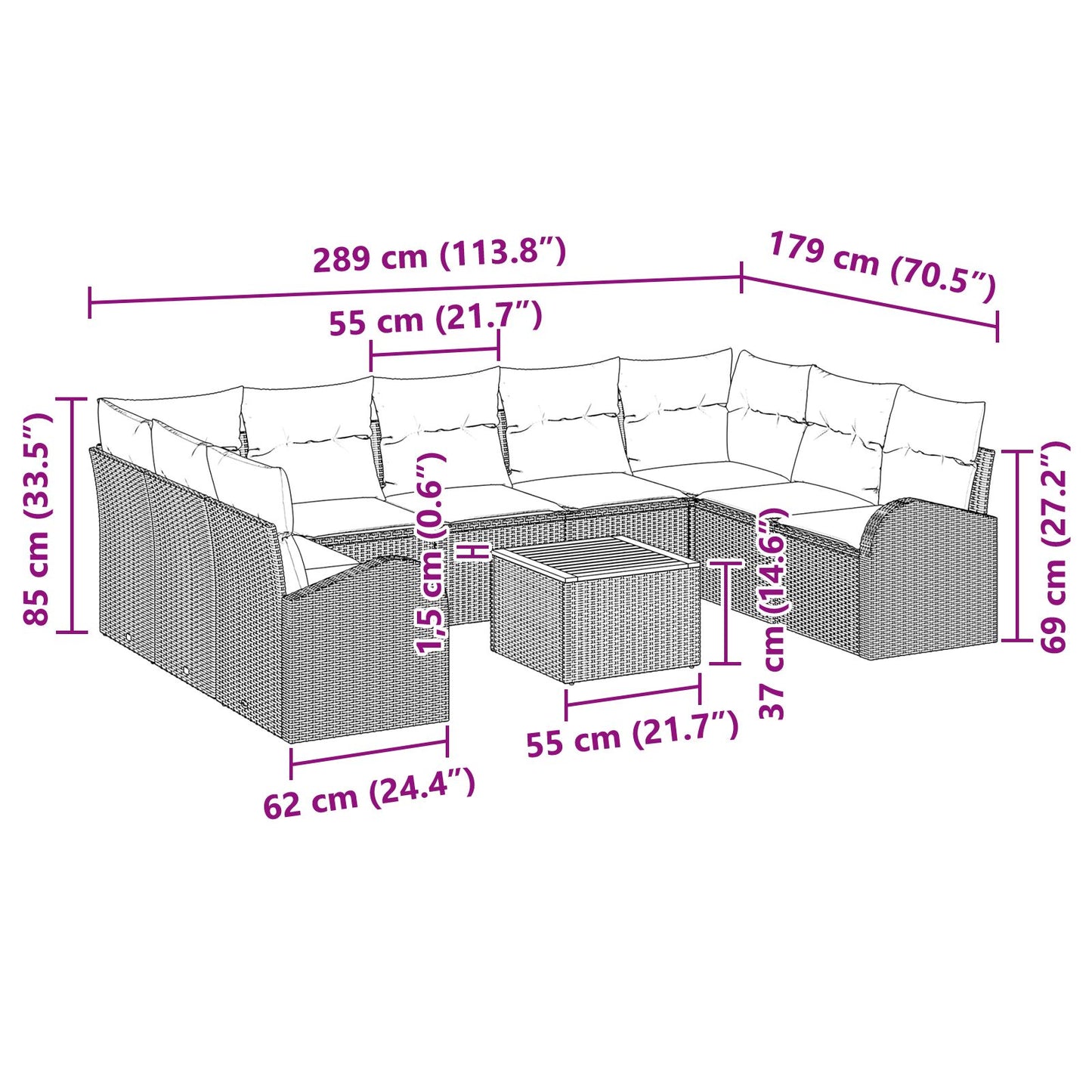 10-Delige Tuin Sofa Set Met Kussens Zwart Poly Rattan Acacia