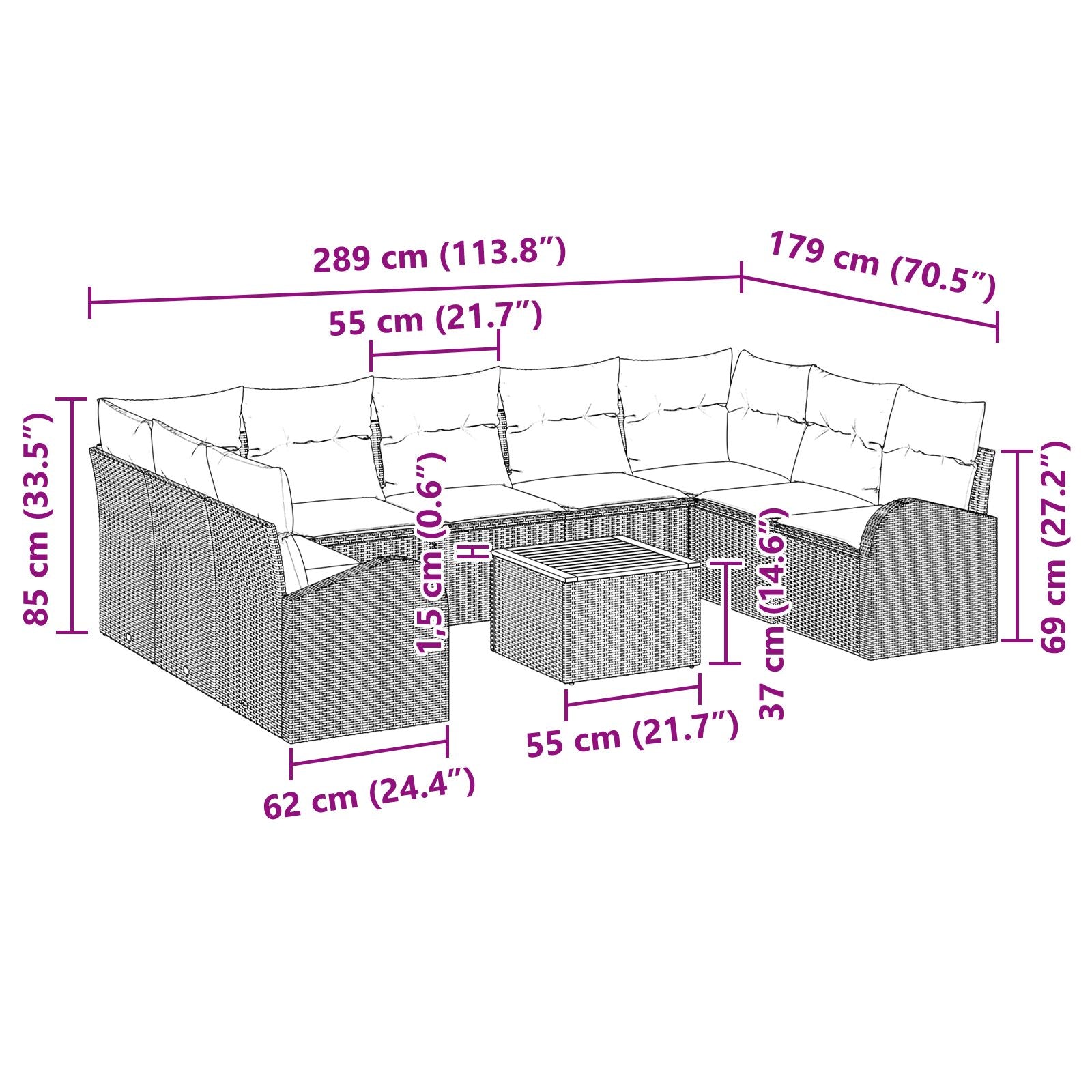 10-Delige Tuin Sofa Set Met Kussens Zwart Poly Rattan Acacia