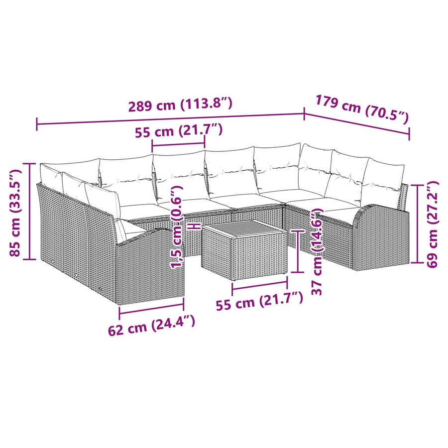 10-Delige Tuin Sofa Set Met Kussens Zwart Poly Rattan Acacia