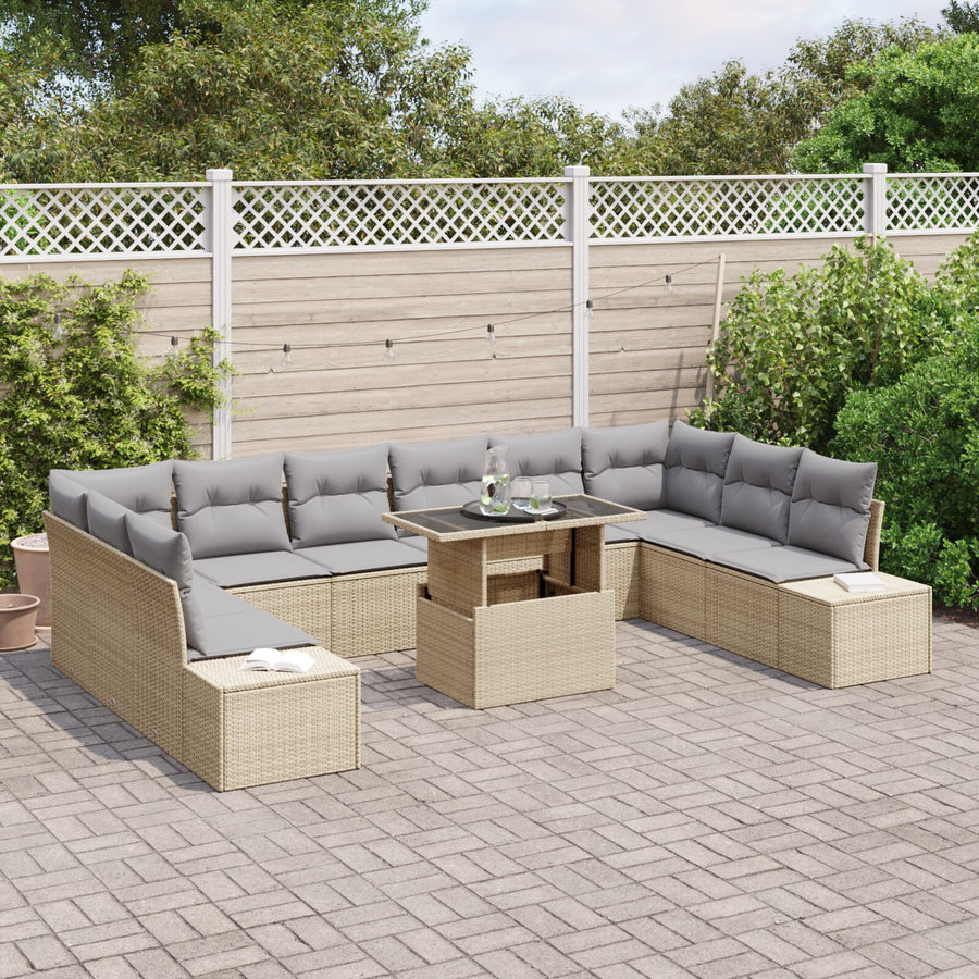 Tuinbankset Set Van 11 Beige, Grijs Riet, Polyester Buitenmeubels
