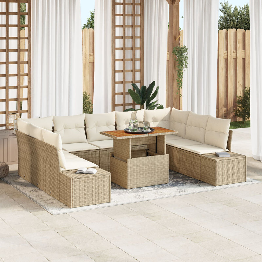 Tuinsofa Set Set Van 10 Beige, Lichtbruin Rattan, Polyester, Staal