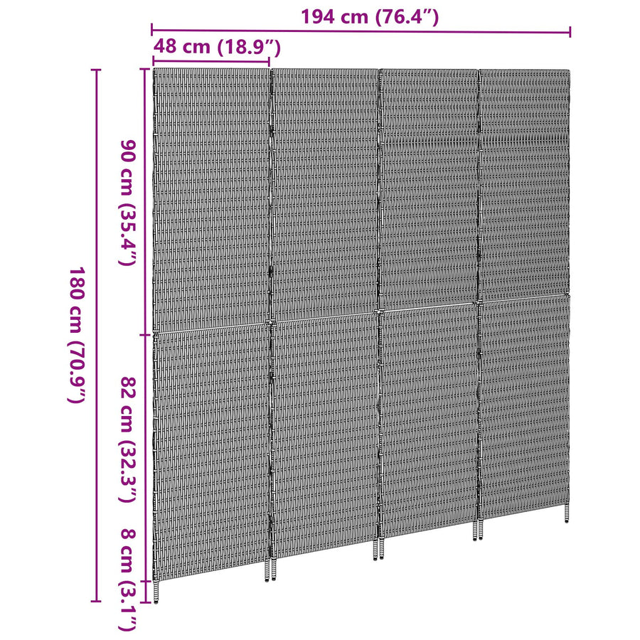 Kamerscherm Vouwbaar 195X Poly Rattan 180 cm Zwart 4 panelen