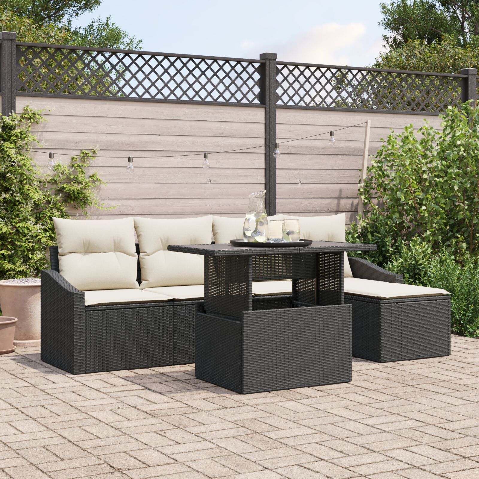 Tuinsofa Set 6-Delig Zwart Rattan Buiten Sofa Set Rechthoekig