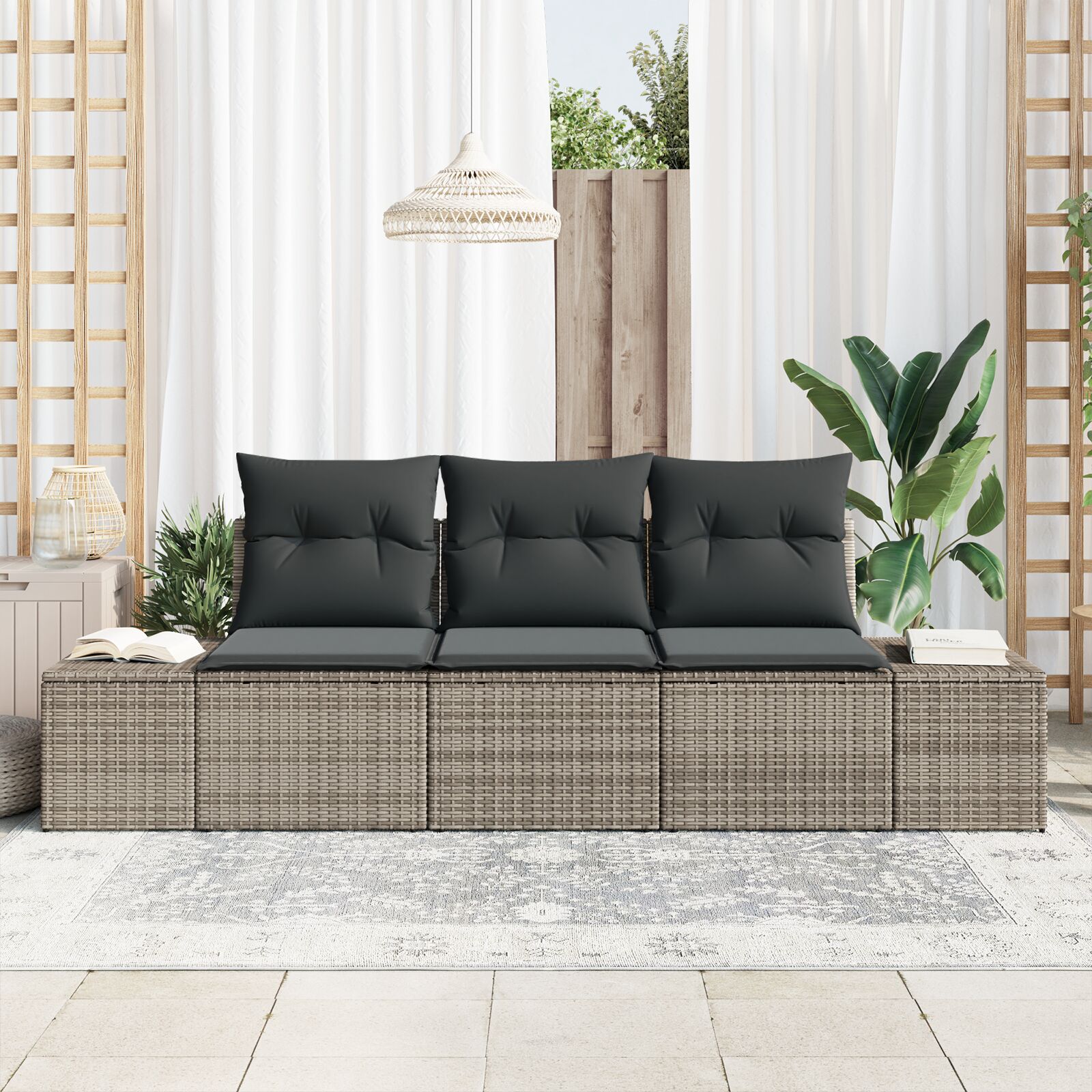 3-Delige Tuinsofa Set Met Kussens Grijs Poly Rattan