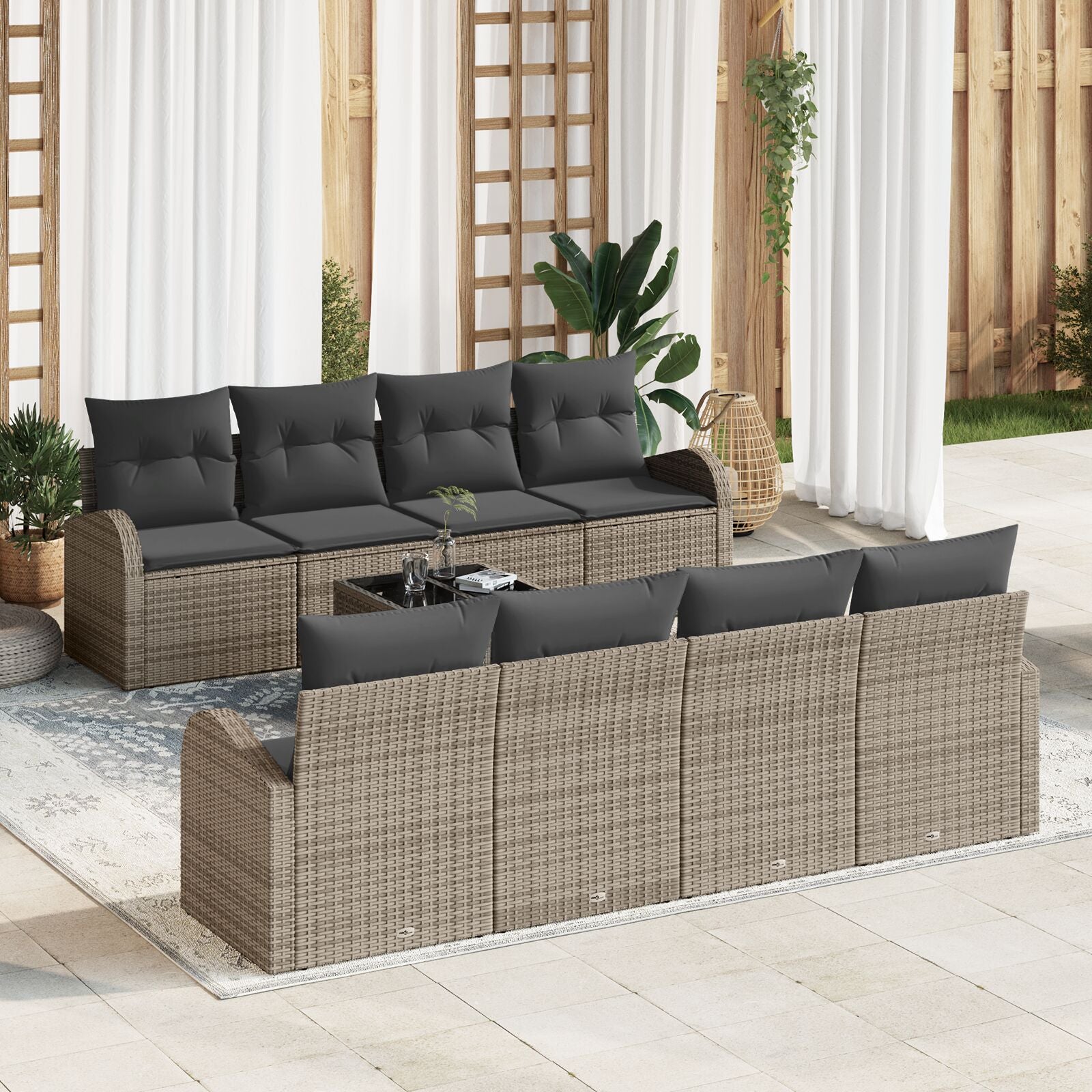 9-Delige Tuinbank Set Met Kussens Grijs Poly Rattan