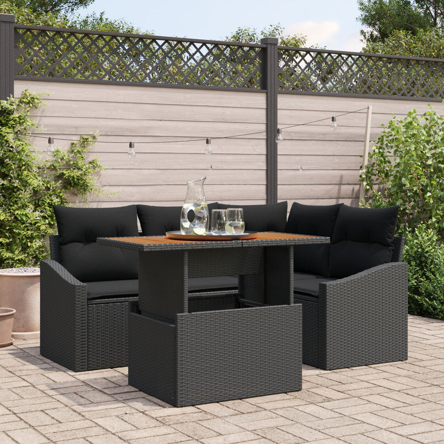 5-Delige Tuin Eetset Met Kussens Zwart Poly Rattan Acacia