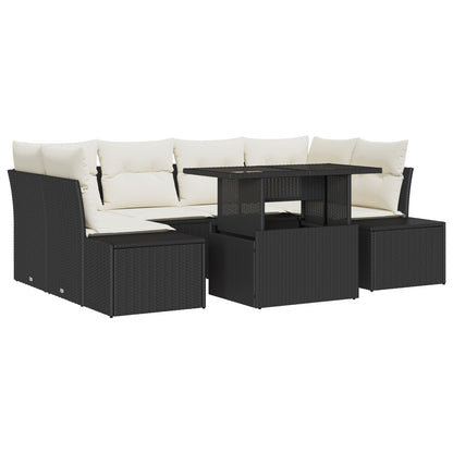 Tuin Sofa Set Set Van 7 Zwart En Crème Poly Rattan, Staal, Stof