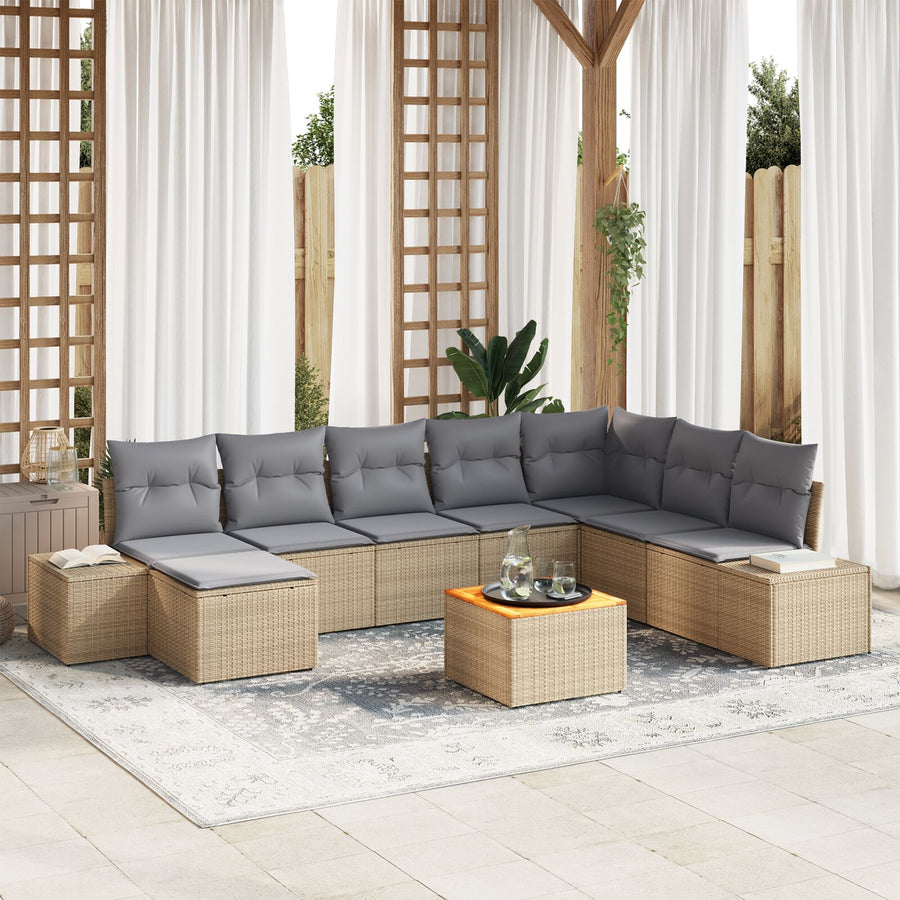 9-Delige Tuin Sofa Set Met Kussens Beige Poly Rattan Acacia