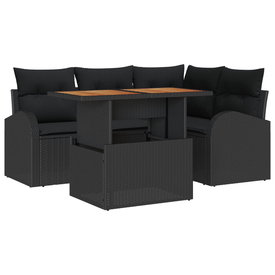 5-Delige Tuin Eetset Met Kussens Zwart Poly Rattan Acacia