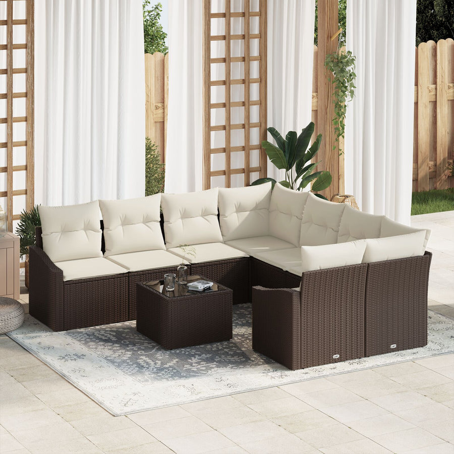 9-Delige Tuinbankstel Met Kussens Bruin Poly Rattan