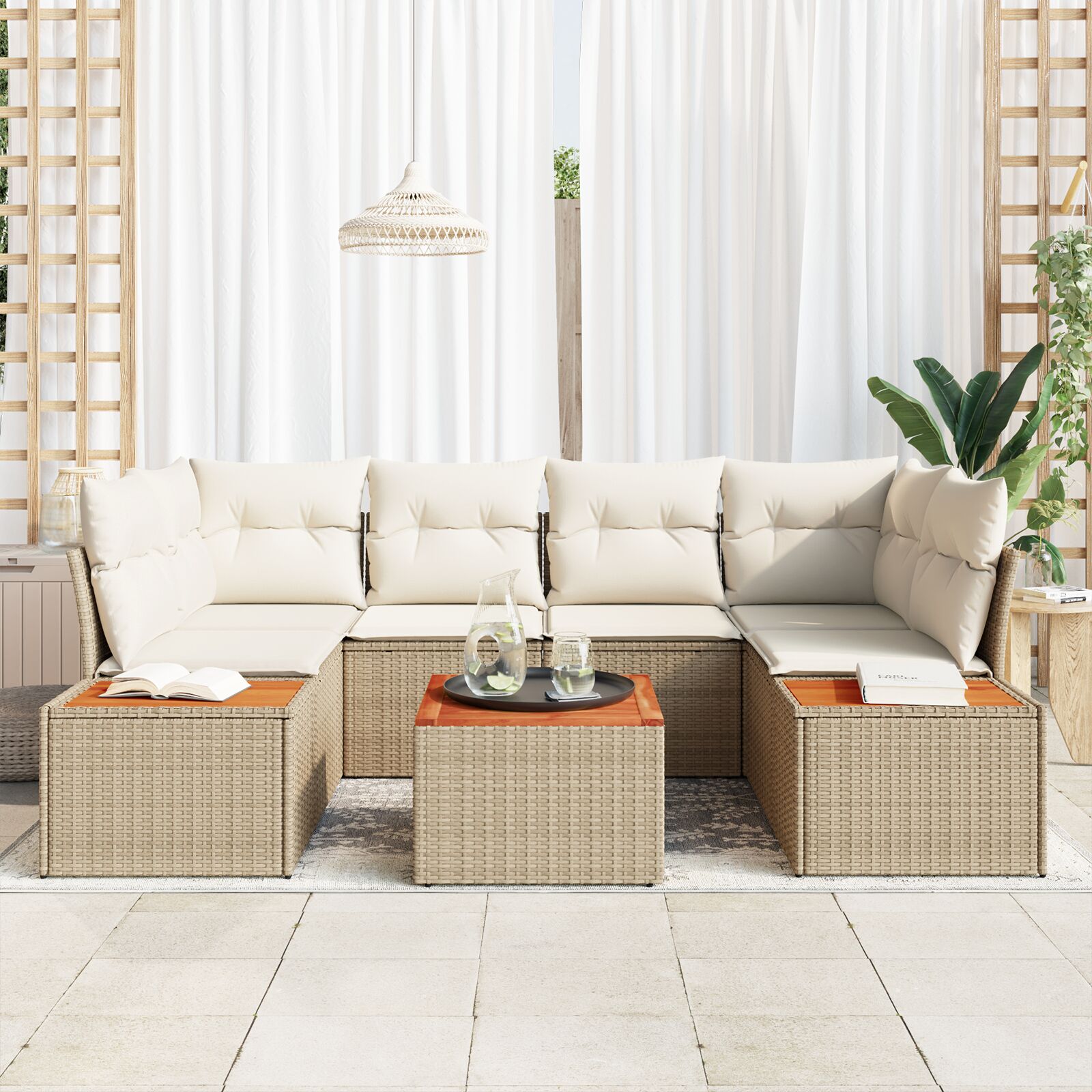 7-Delige Tuin Sofa Set Met Kussens Beige Poly Riet Acacia