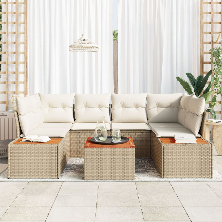 7-Delige Tuin Sofa Set Met Kussens Beige Poly Riet Acacia