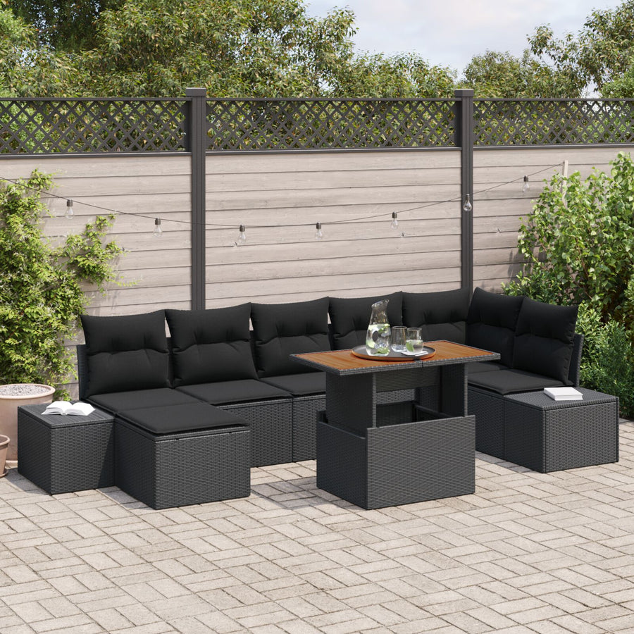 8-Delige Tuin Sofa Set Met Kussens Zwart Poly Rattan