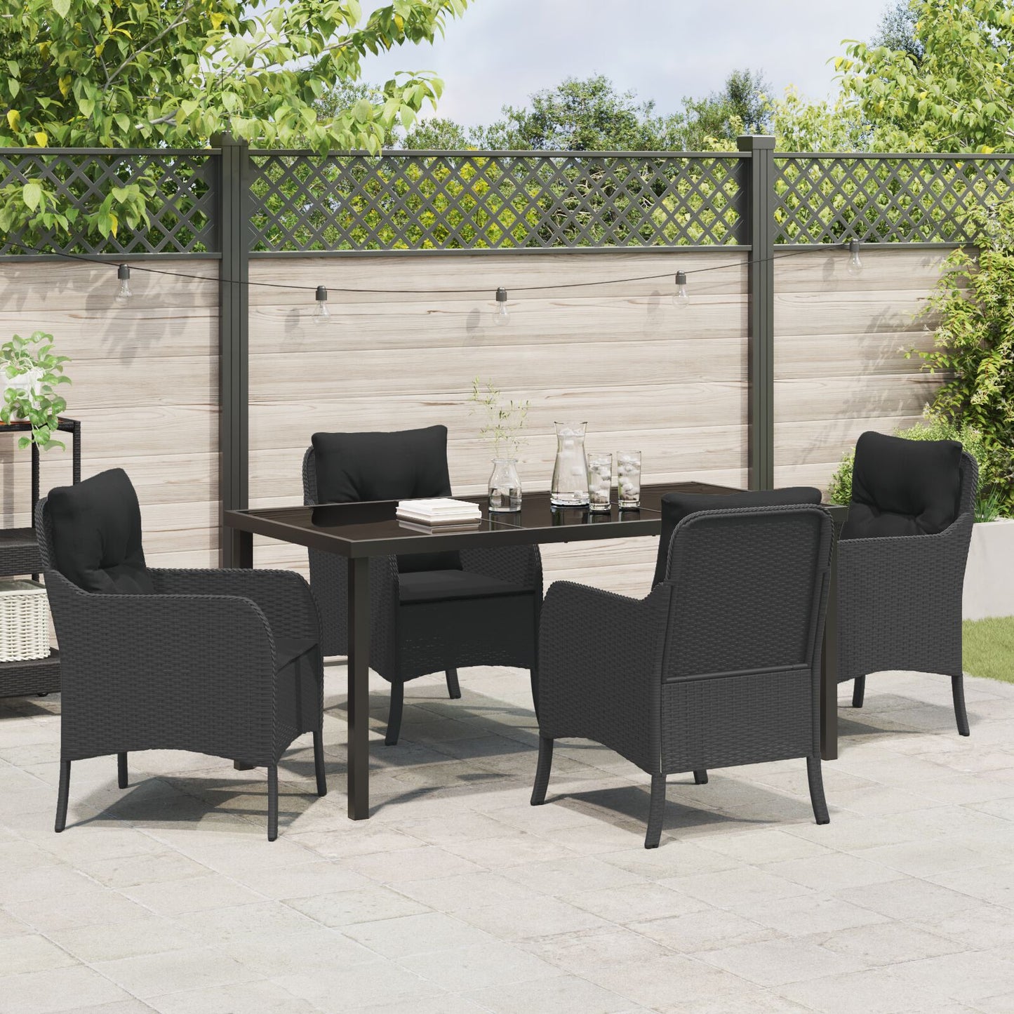 5-Delige Tuin Eetset Met Kussens Zwart Poly Riet