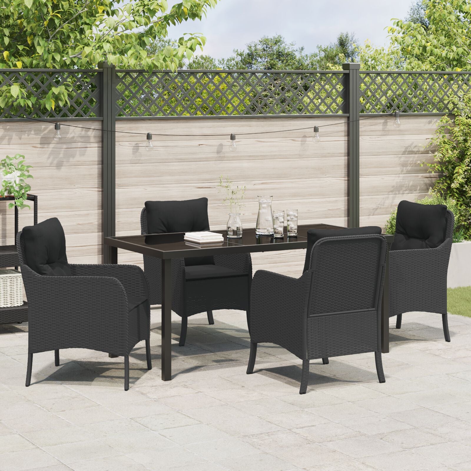 5-Delige Tuin Eetset Met Kussens Zwart Poly Riet