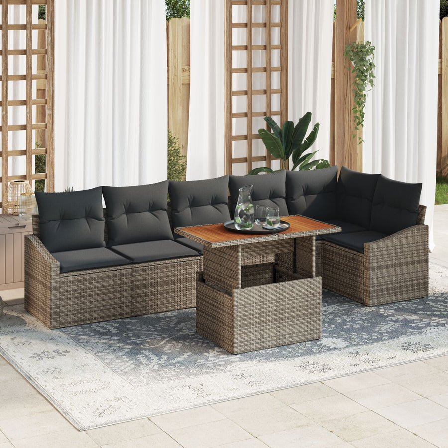 7-Persoons Tuin Eetset Met Kussens Grijs Poly Rattan Acacia