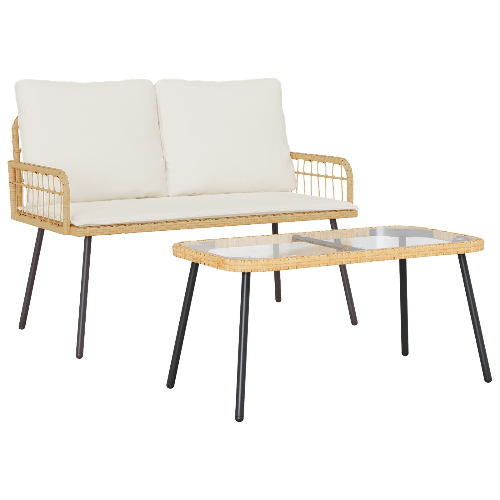 2-Delige Tuin Eettafel Set Met Kussens Poly Rattan Natuurlijk