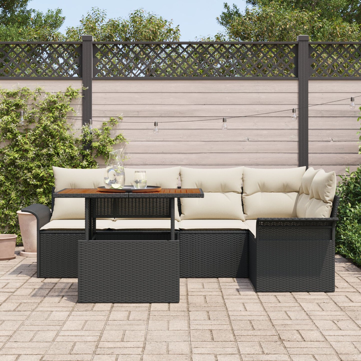6-Delige Tuin Eettafel Set Met Kussens Zwart Poly Rattan Acacia