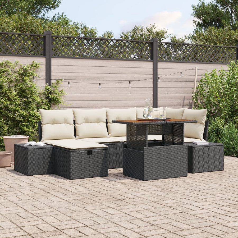 7-Delige Tuin Eetset Met Kussens Zwart Poly Riet Acacia Wit