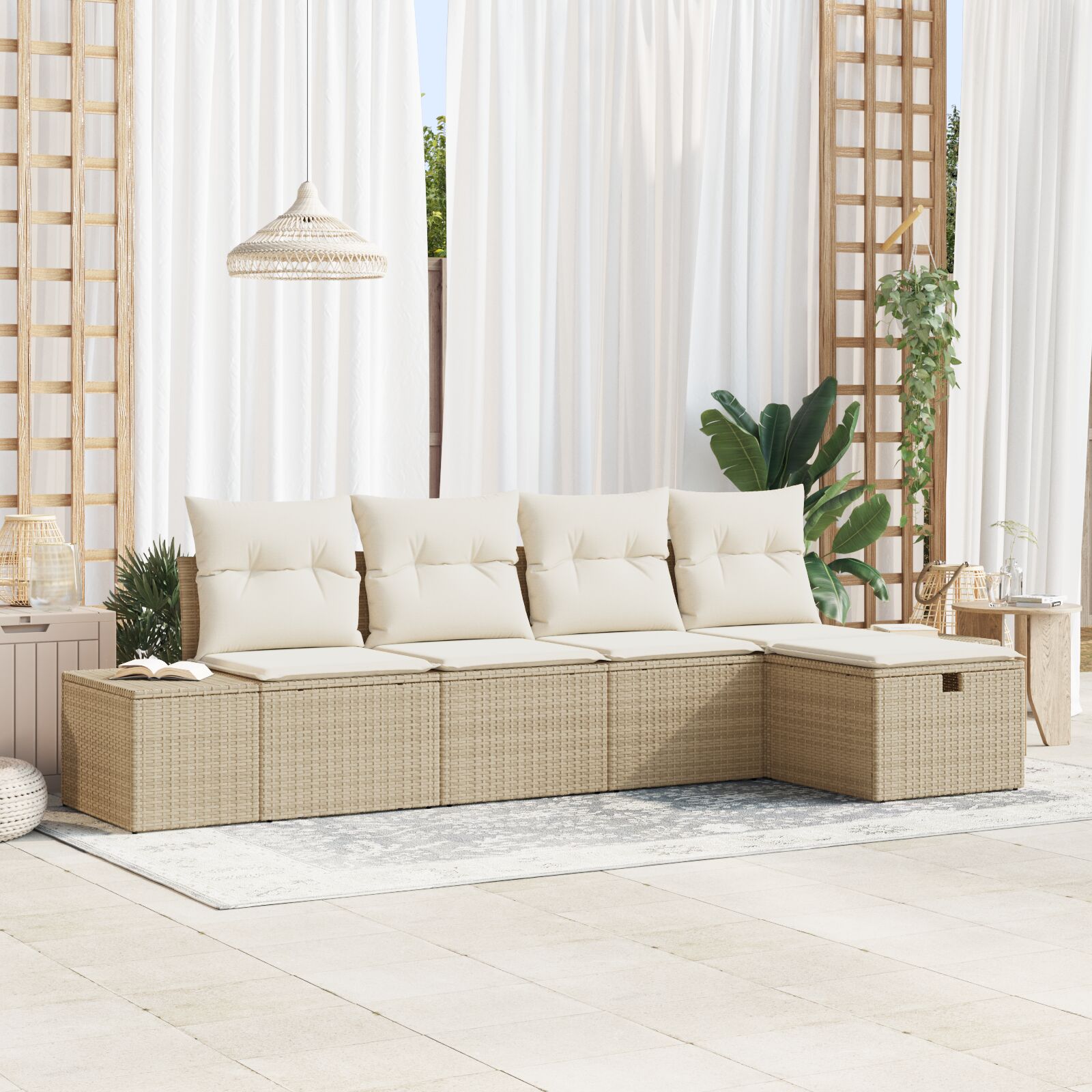 5-Delige Tuin Sofa Set Met Kussens Beige Poly Riet Wit