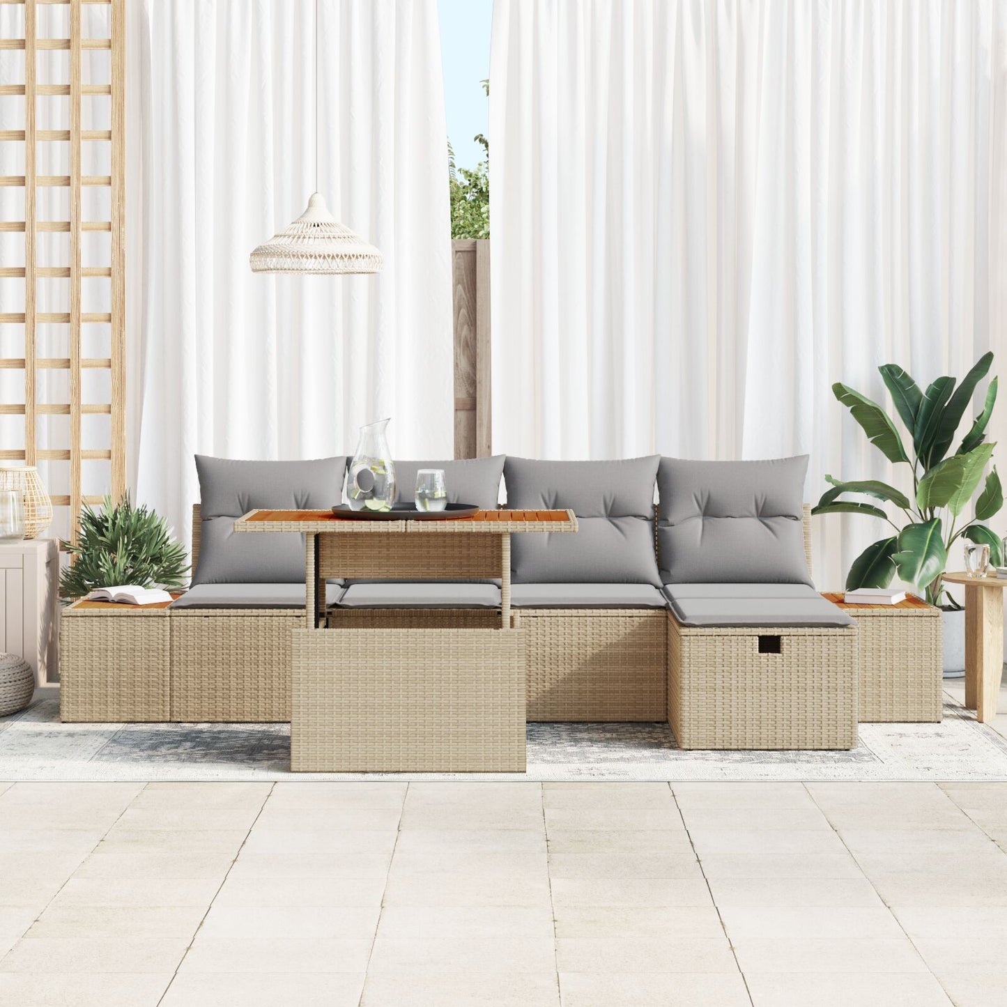 6-Delige Tuinsofa Set Met Kussens Beige Poly Rattan