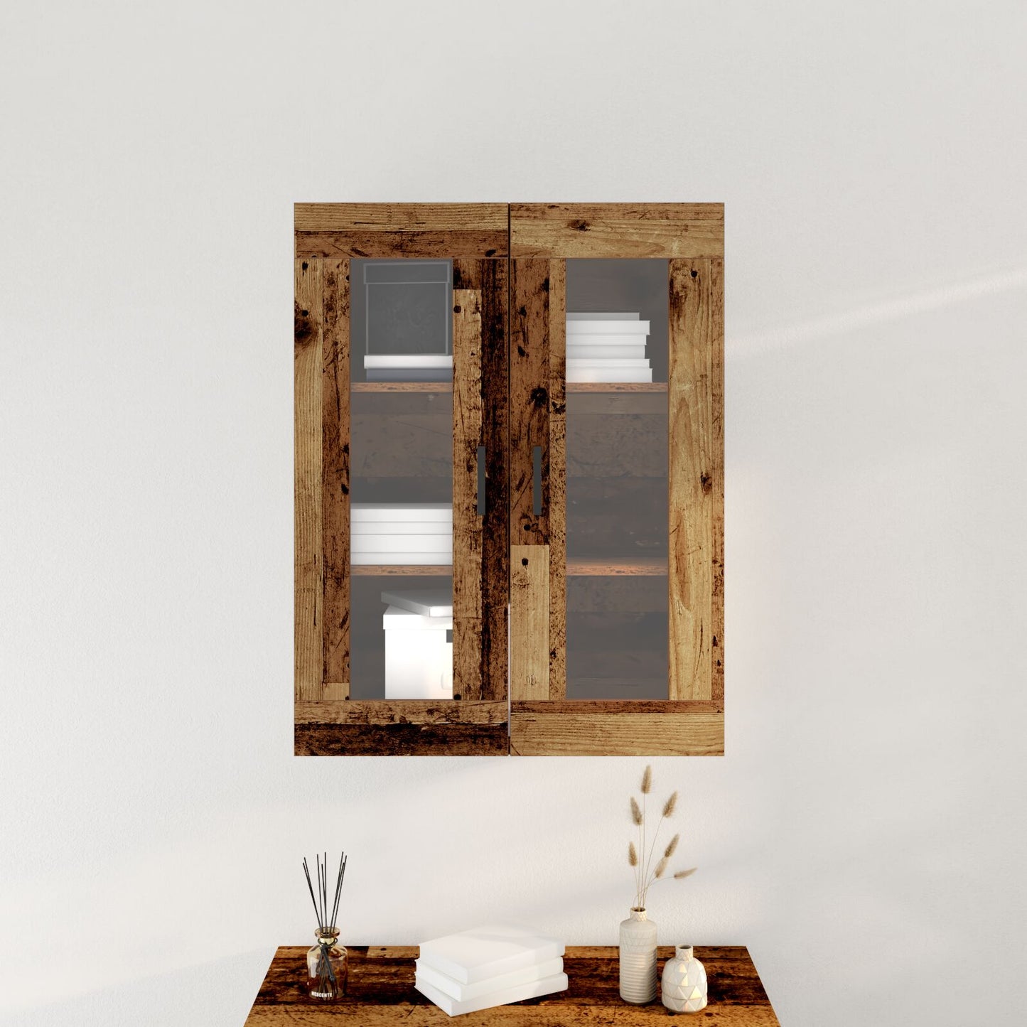 Wandkast Met Glazen Deuren - Oud Hout - 69.5X34X90 Cm